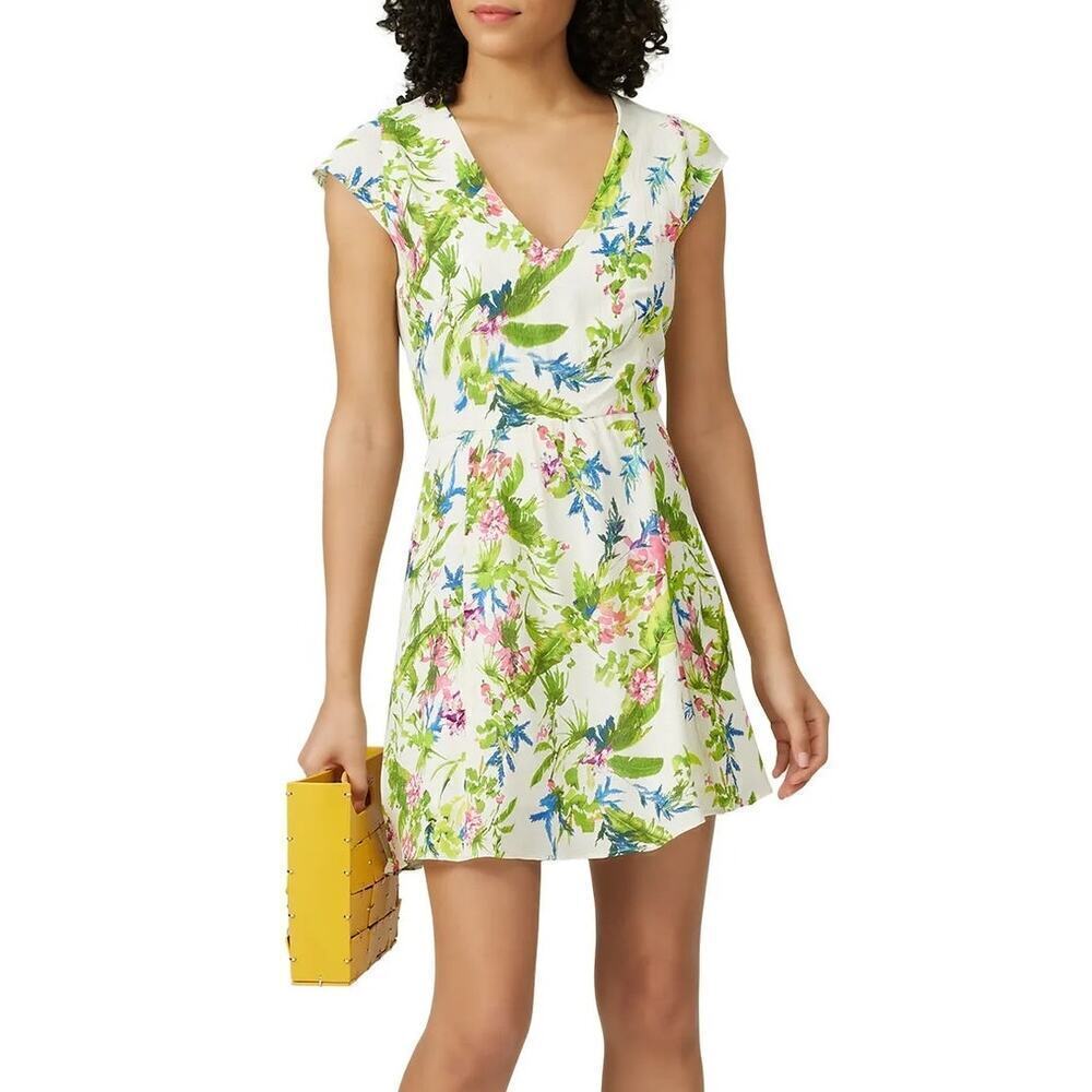 ROAM Positano Dress Tropical Floral Cap Sleeve V-Neck A-Line Mini Dusty White XL